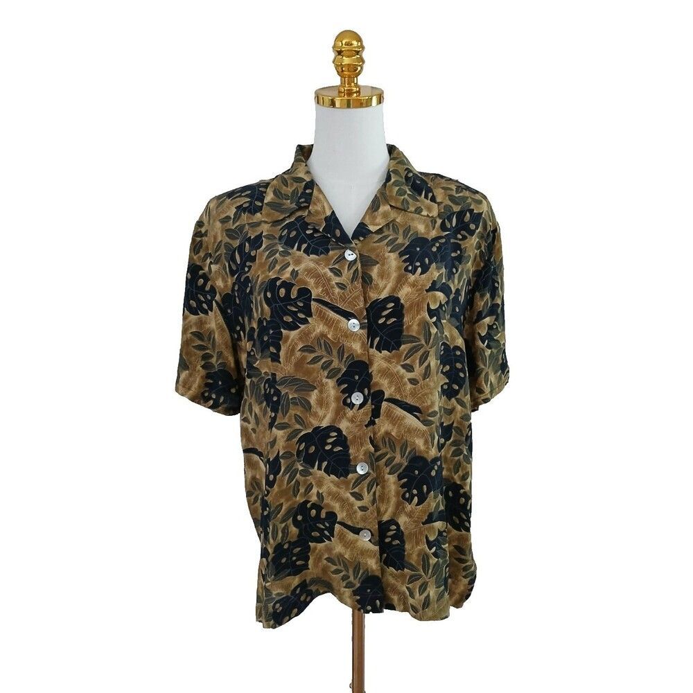 Jaclyn Smith 100% Silk Top Womens 10/12 Short Sleeve Floral Tropical Lightweight